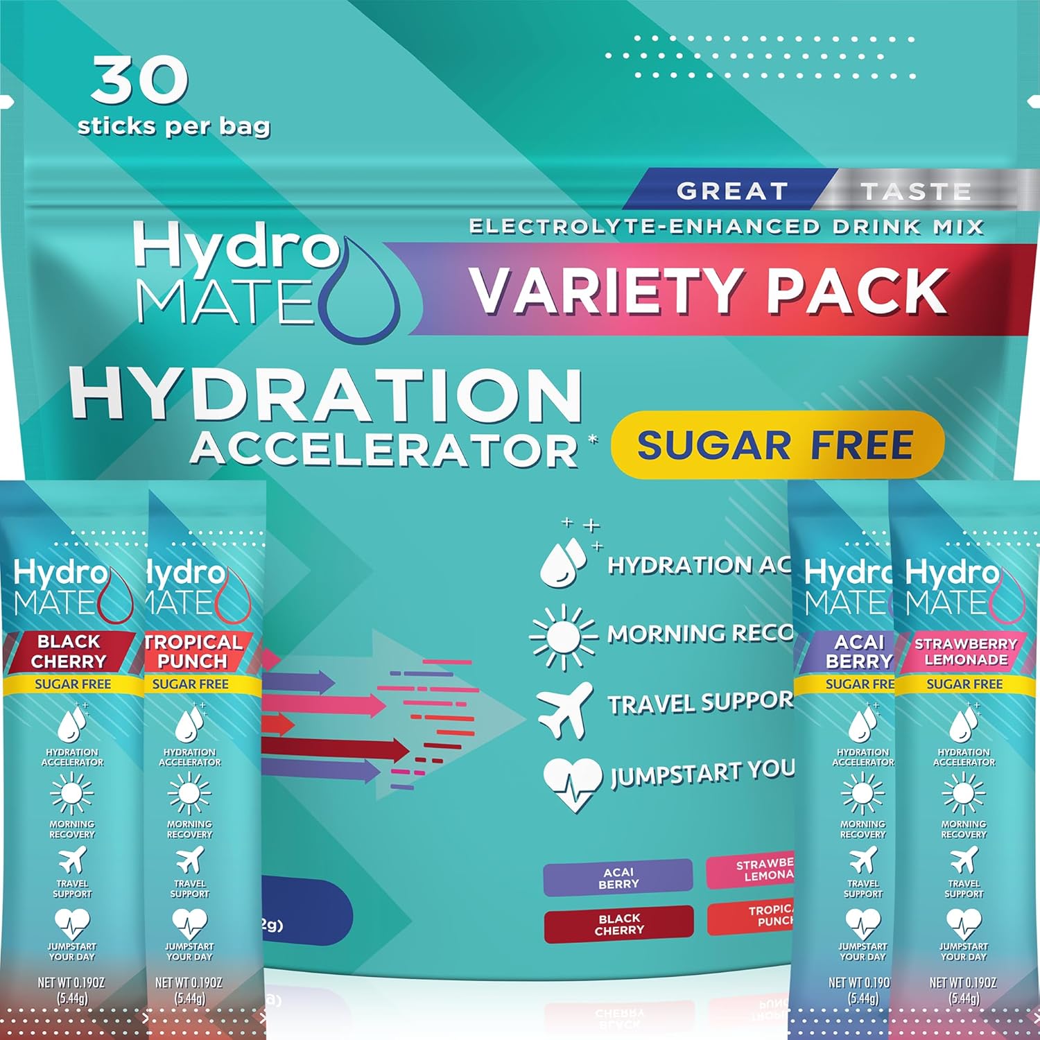 Electrolyte Powder Sugar-Free Hydration Packets Variety Pack HydroMATE 30 Sticks - Image 9